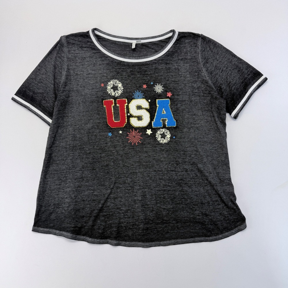 Cato USA Graphic Tee Womens 18/20W Gray Waffle Knit Patriotic Ringer Shirt